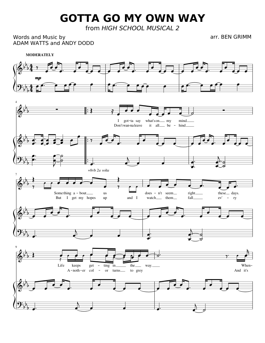Gotta Go My Own Way" from High School Musical 2 Sheet music for Piano,  Vocals (Piano-Voice) | Musescore.com