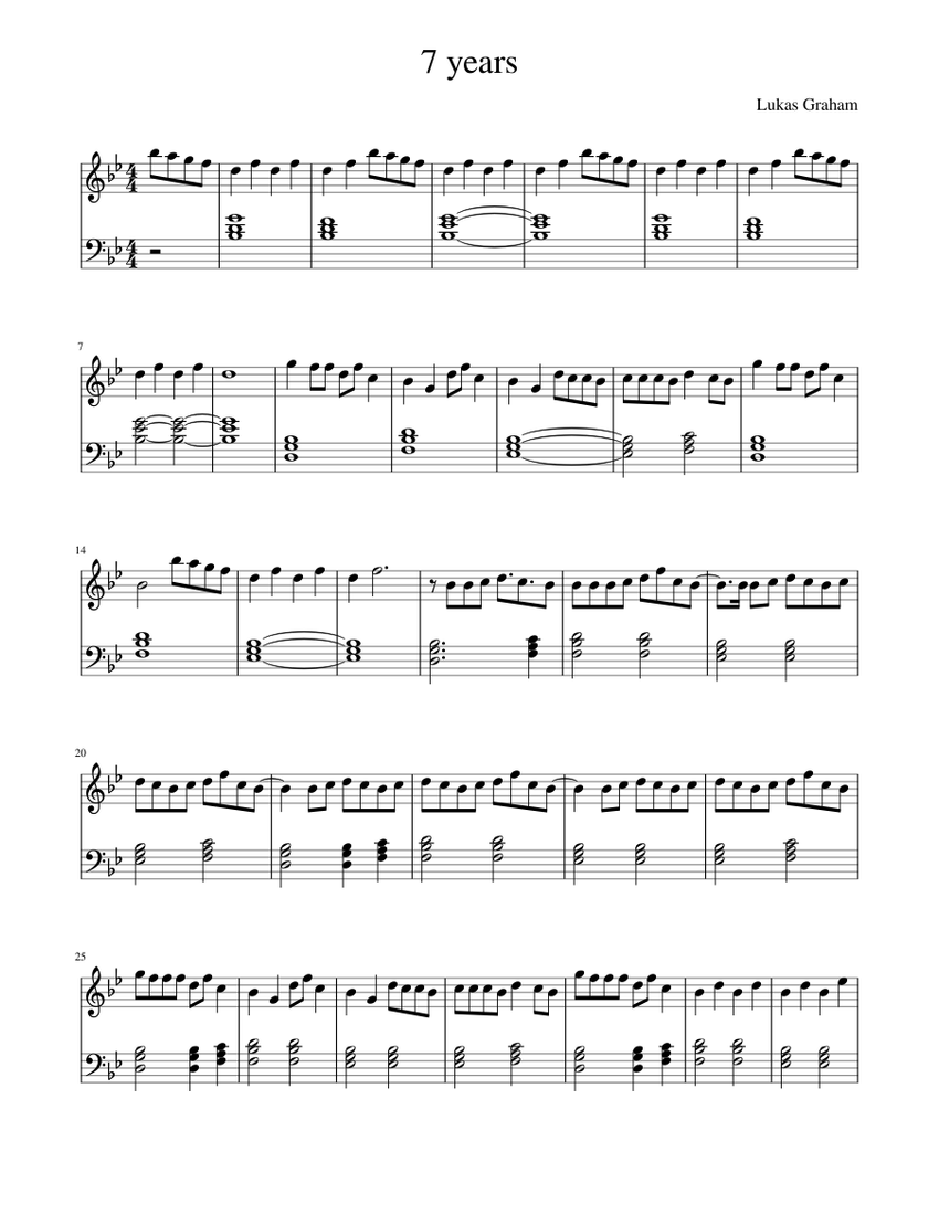 7 years – Lukas Graham - Exact Melody + Lyrics + Chords Sheet music for  Piano (Piano-Voice) Easy