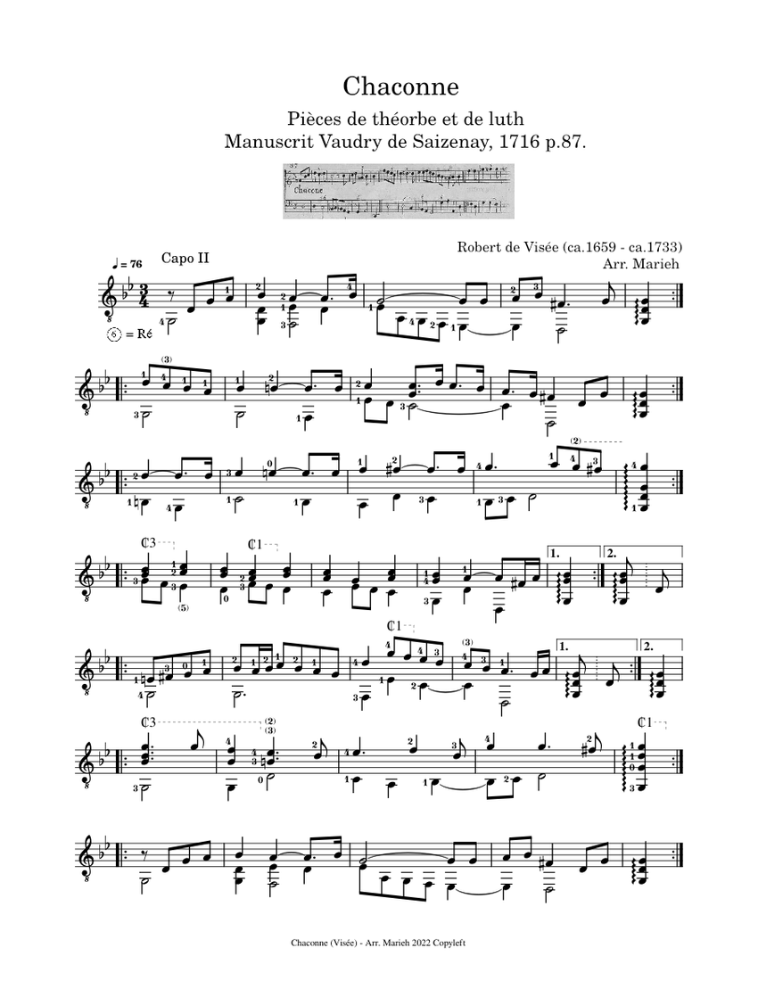 Chaconne – Robert de Visée (ca.1659 - ca.1733) Sheet music for Guitar  (Solo) | Musescore.com