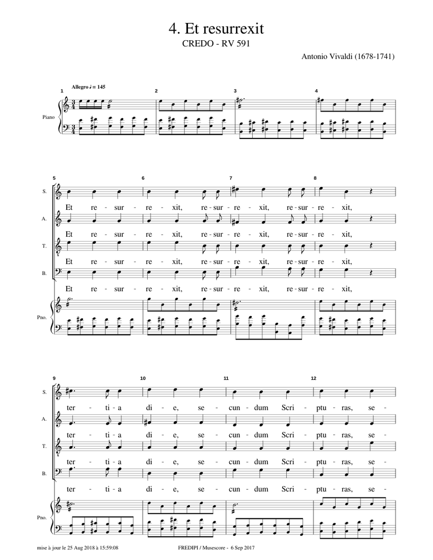 Credo RV591, "n°4 Et Resurrexit" - Antonio Vivaldi Sheet music for Piano,  Soprano, Alto, Tenor & more instruments (SATB) | Musescore.com
