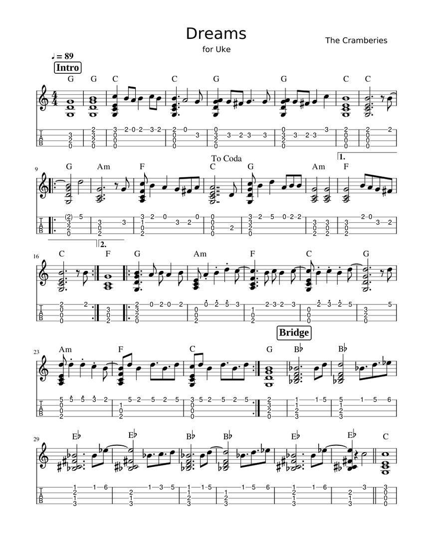 Dreams The Cranberries Sheet music for Ukulele (Solo)