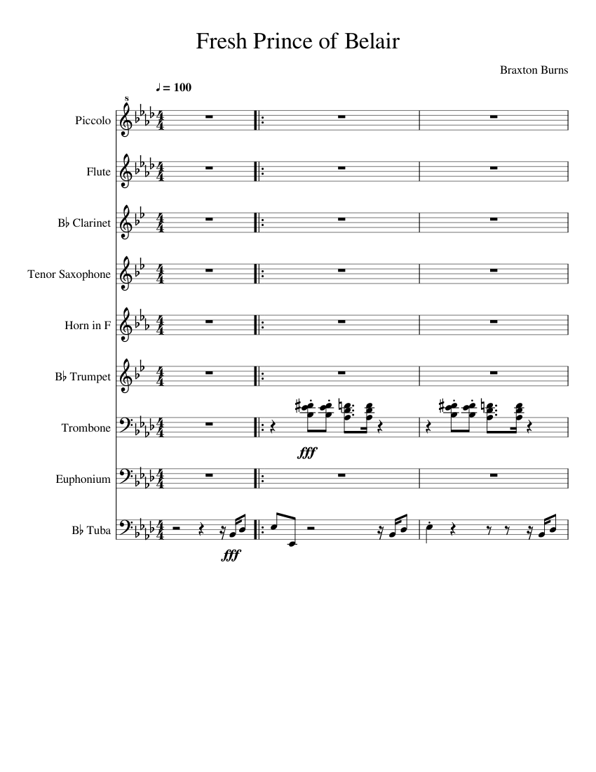 Fresh Prince Of Belair Sheet Music For Trumpet In B Flat Trombone Flute Clarinet In B Flat More Instruments Mixed Ensemble Musescore Com