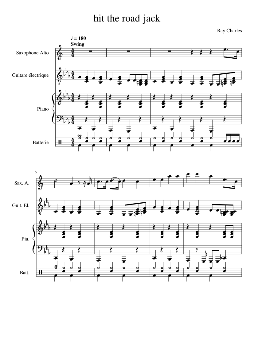 Hit The Road Jack- Ray Charles Sheet music for Piano, Saxophone alto,  Guitar, Drum group (Mixed Quartet) | Musescore.com