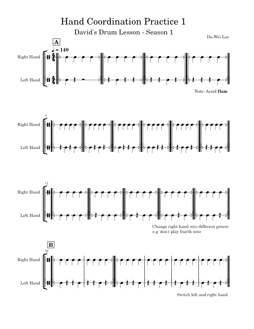 David's Drum Lesson Hand Coordination Practice 1 Sheet music for
