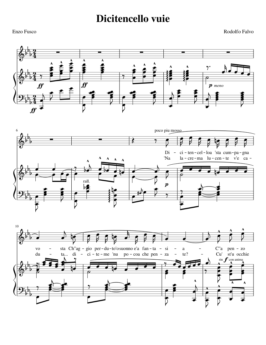 Rodolfo Falvo - Dicitencello vuie (Do menor) Sheet music for Piano, Vocals  (Piano-Voice) | Musescore.com