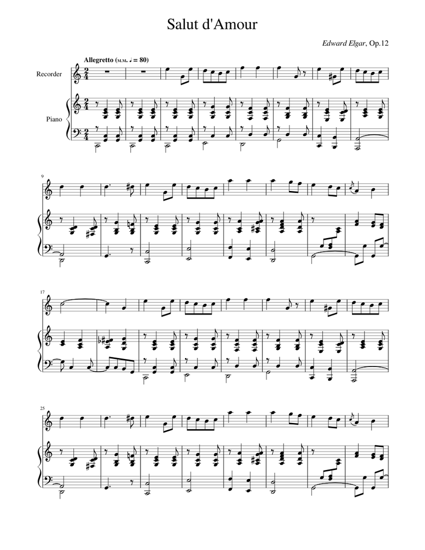 Salut d'Amour Edward Elgar (Recorder) Sheet music for Piano, Flute