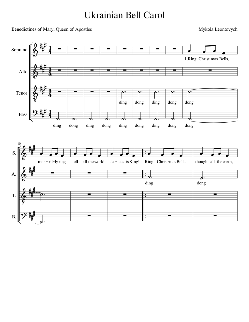 Carol of The Bells Sheet music for Soprano, Alto, Tenor, Bass voice ...