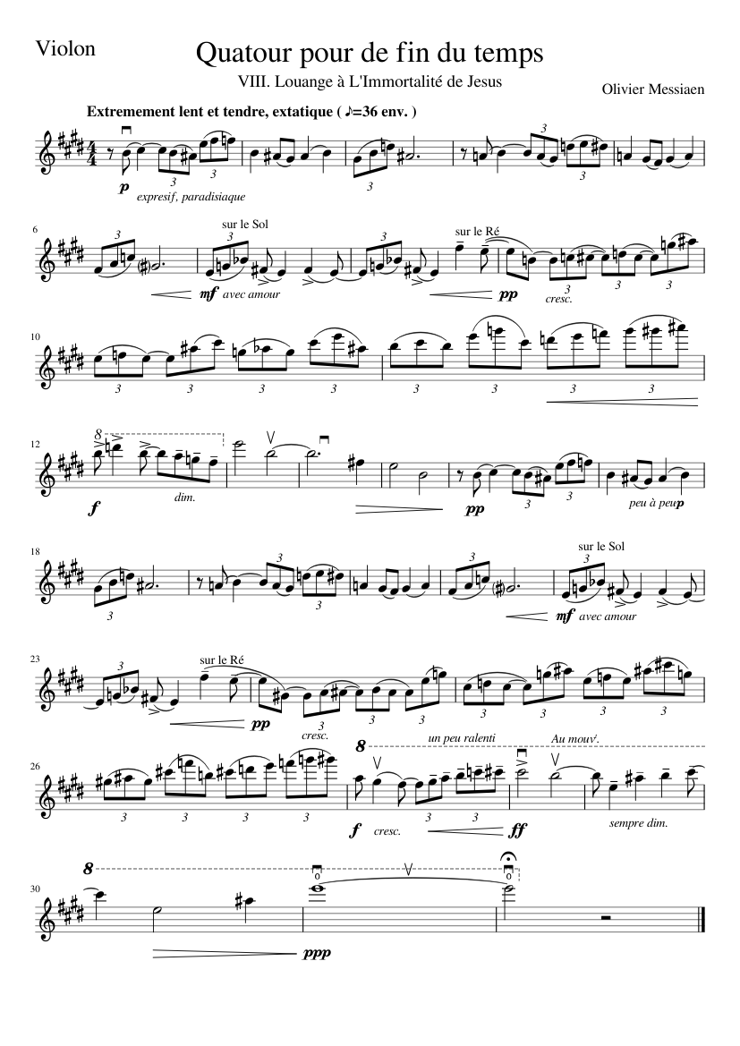 Quartet for the end of Time - 8th movement Sheet music for Violin (Solo) |  Musescore.com
