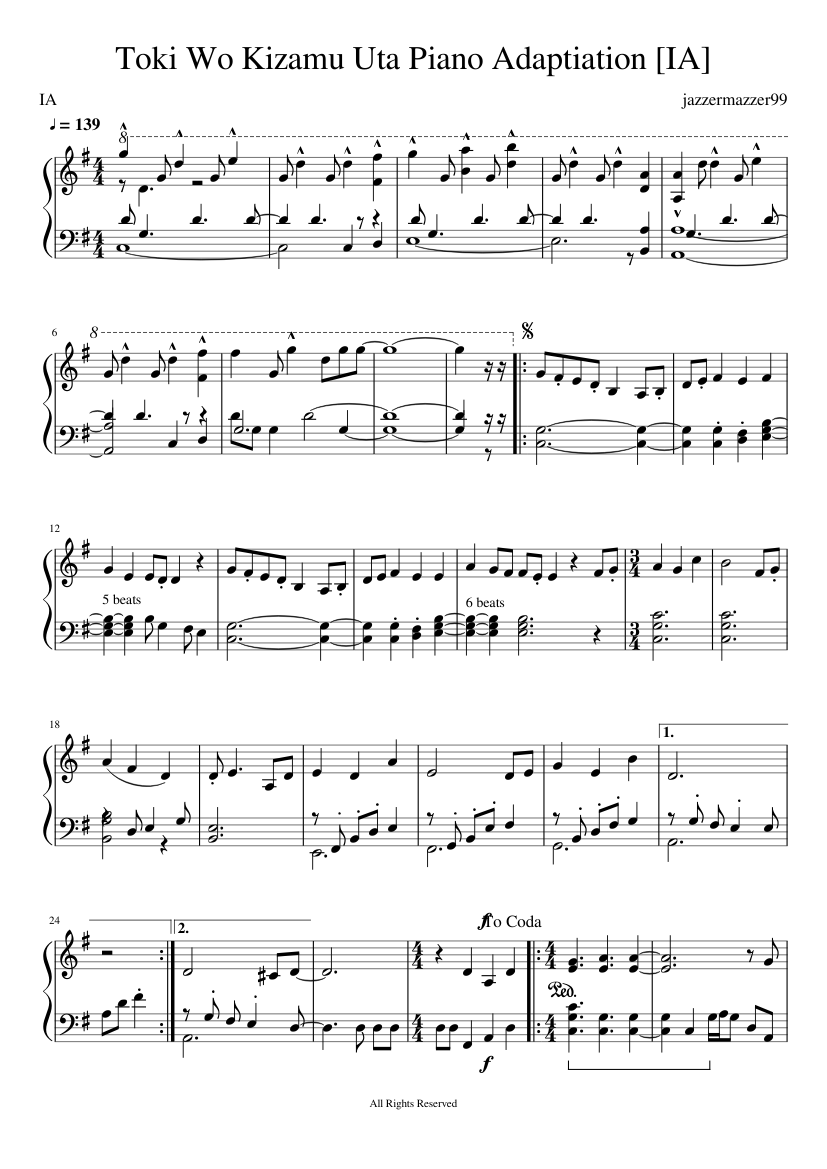 Toki Wo Kizamu Uta Full SOLO Piano Adaptation [IA/Clannad Opening] (one  piano) Sheet music for Piano (Solo) | Musescore.com