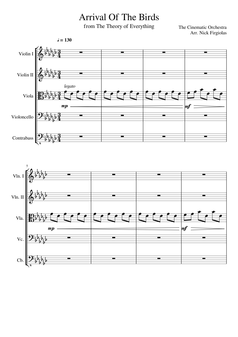 Arrival of the Birds Sheet music for Contrabass, Violin, Viola, Cello  (String Quintet) | Musescore.com