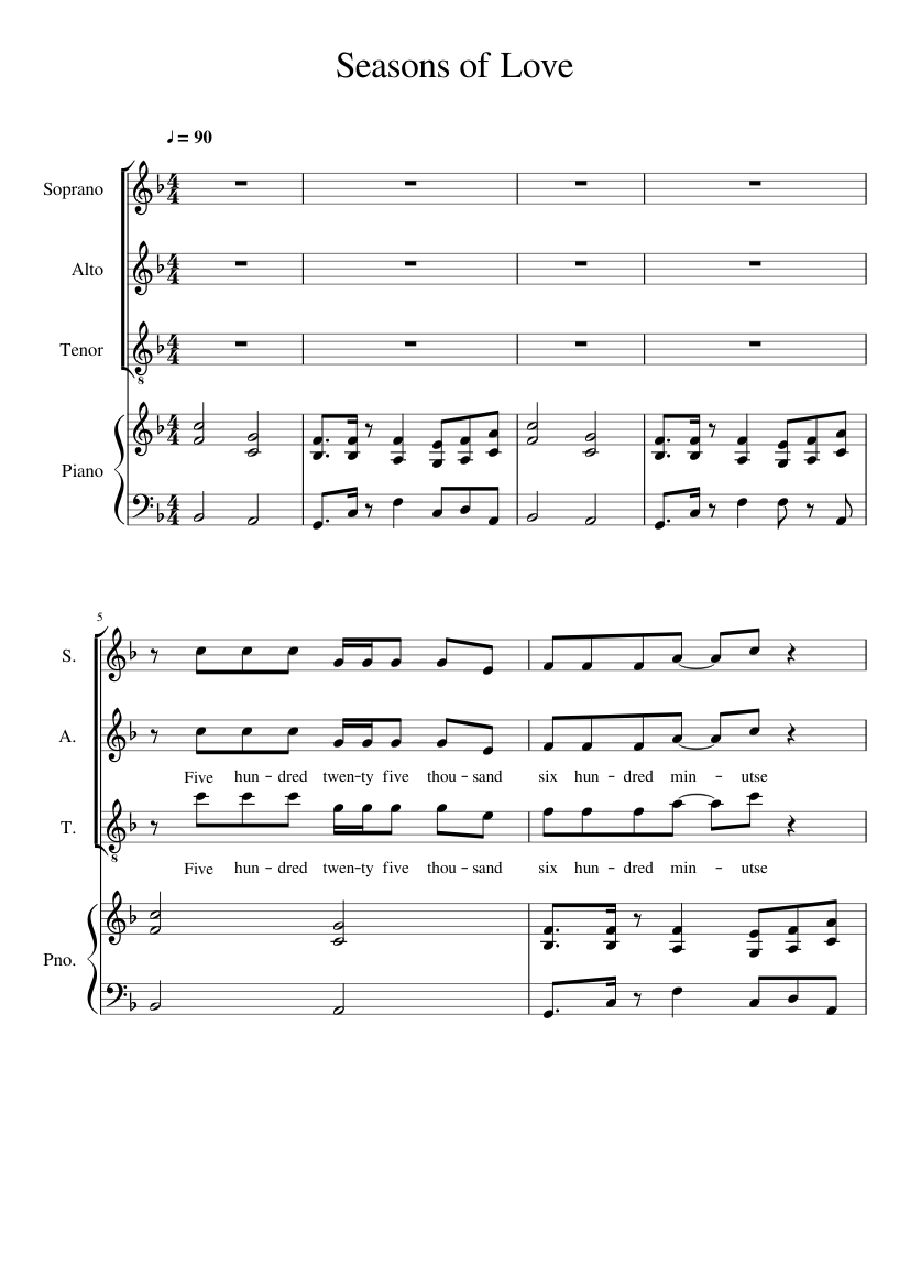 Seasons of Love Sheet music for Piano, Soprano, Alto, Tenor (Mixed Quartet)  | Musescore.com