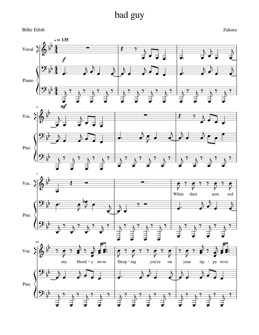 Billie Eilish - bad guy (Instrumental with Vocals) Sheet music for Piano  (Piano Duo) | Musescore.com