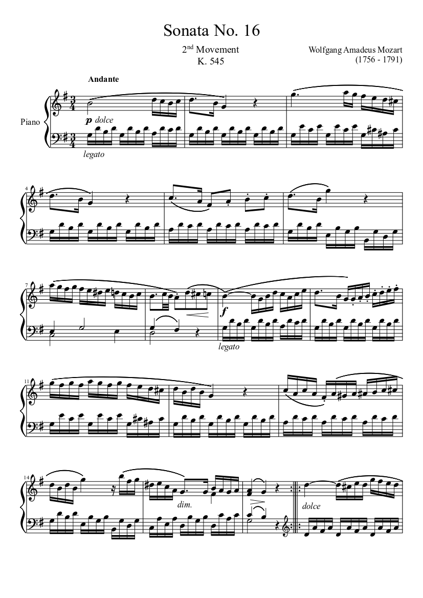 Sonata No 16 2nd Movement K 545 Sheet Music For Piano Solo Musescore Com