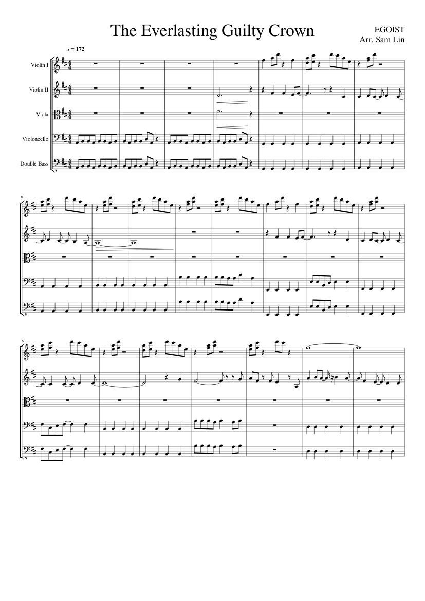 The Everlasting Guilty Crown Sheet music for Contrabass, Violin, Viola,  Cello (String Quintet) | Musescore.com