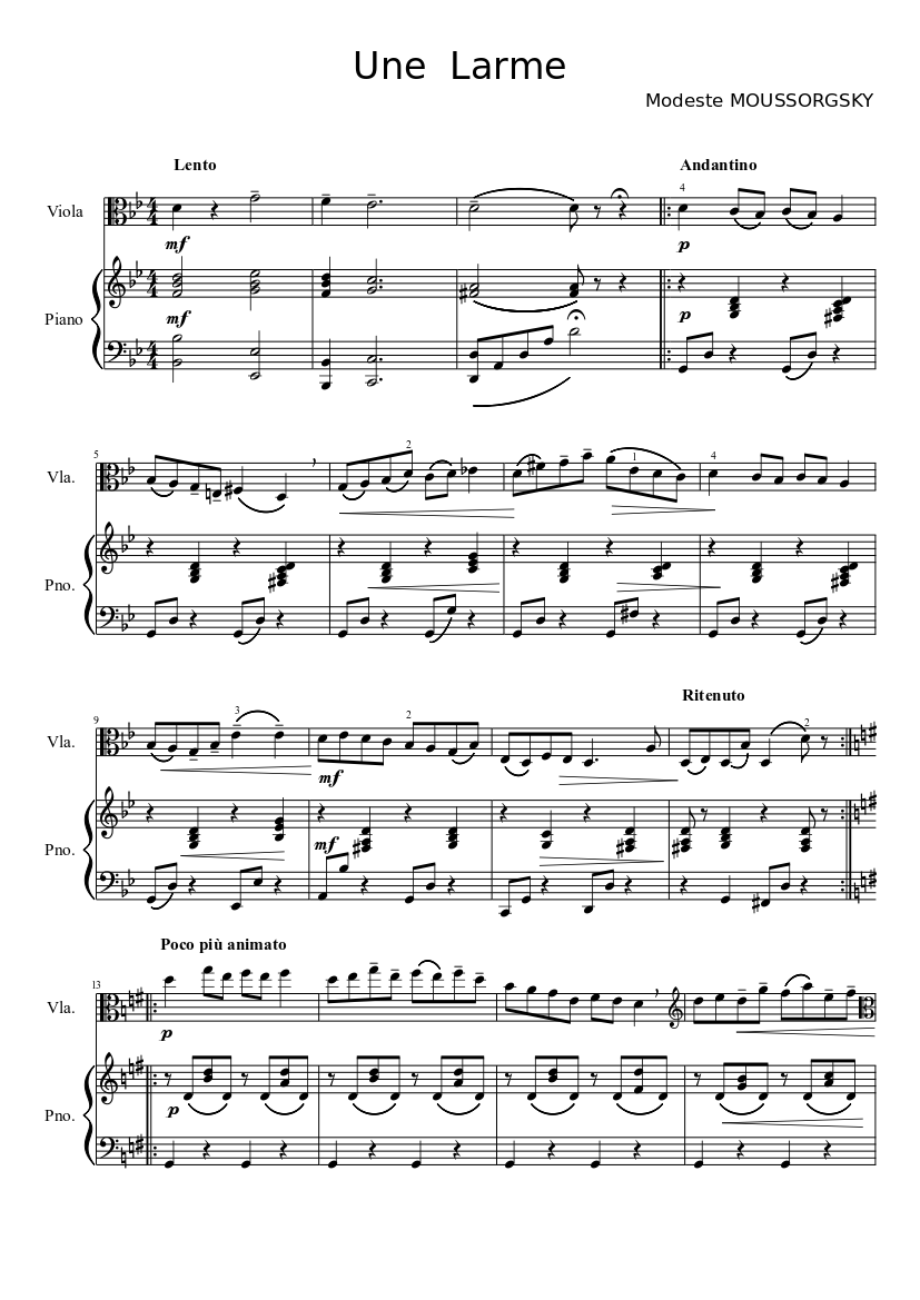Une Larme - MOUSSORGSKY Sheet music for Piano, Viola (Solo) | Musescore.com