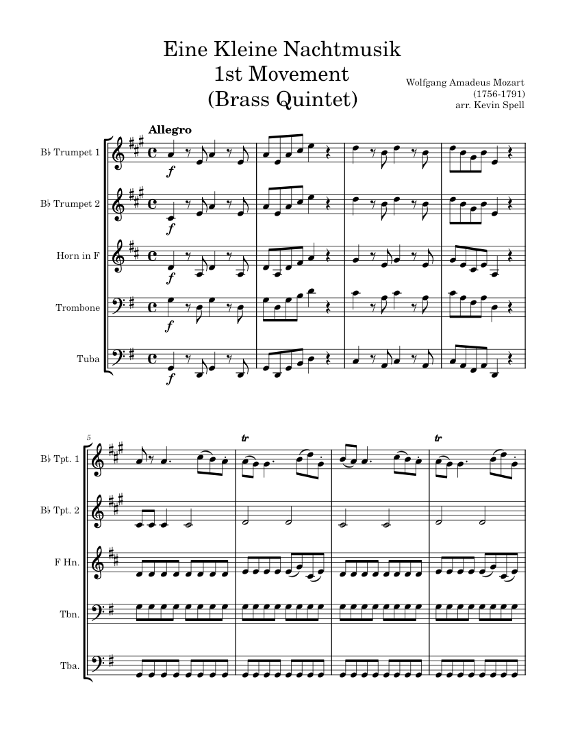Eine Kleine Nachtmusik 1st Movement (Brass Quintet) W.A. Mozart Sheet music for Trombone, Tuba