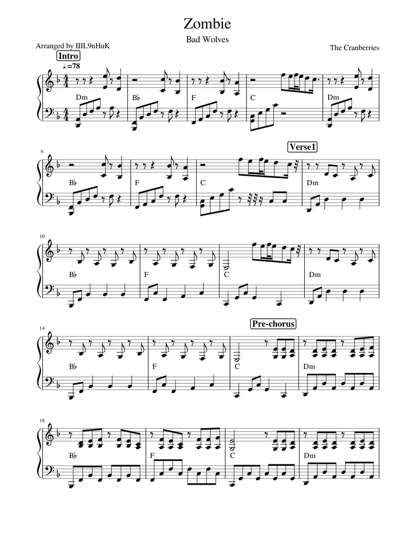 Bad Wolves - Zombie Sheet music for Piano (Solo) | Musescore.com