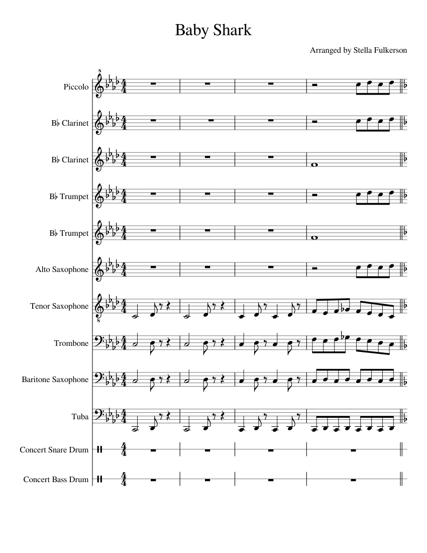 Baby Shark Sheet music for Trombone, Tuba, Flute piccolo, Clarinet in  b-flat & more instruments (Mixed Ensemble)