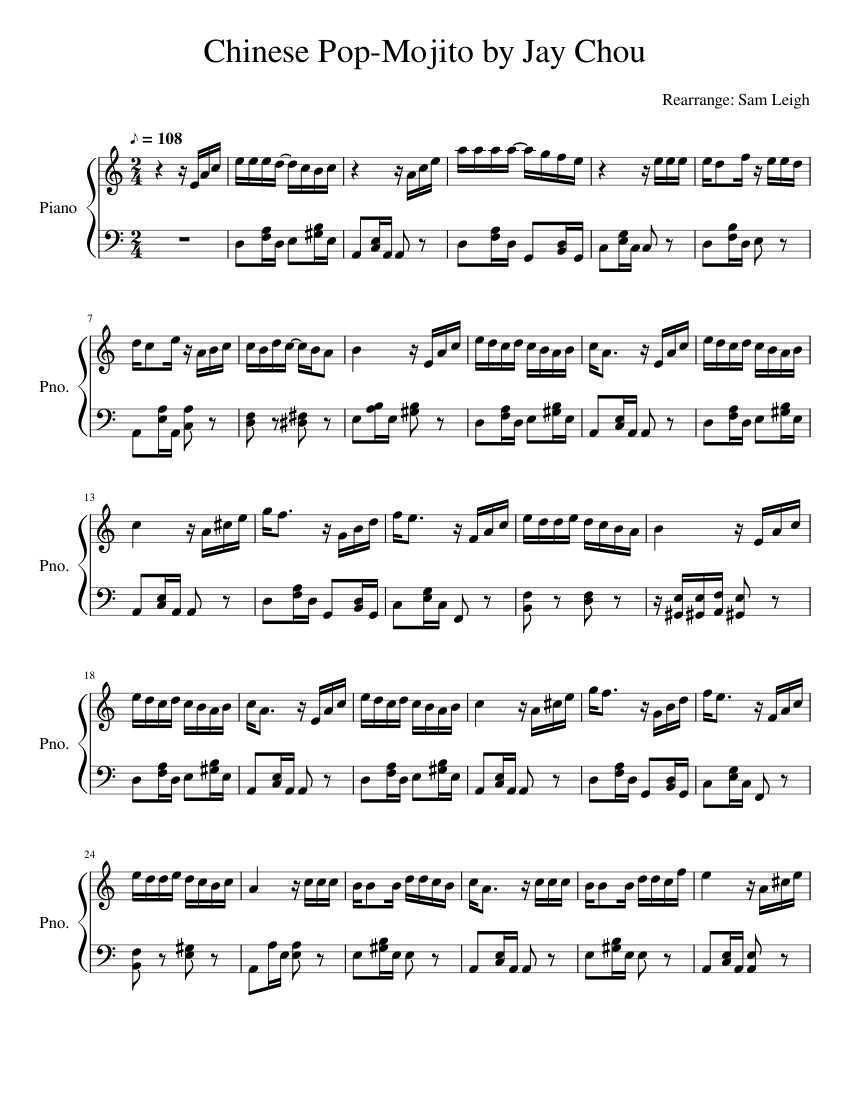 Chinese_Pop-Mojito_by_Jay_Chou Sheet Music for Piano (Solo