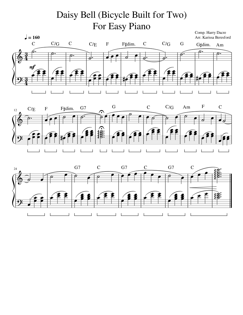 Bicycle Built for Two Easy Solo Piano Sheet music for Piano (Solo