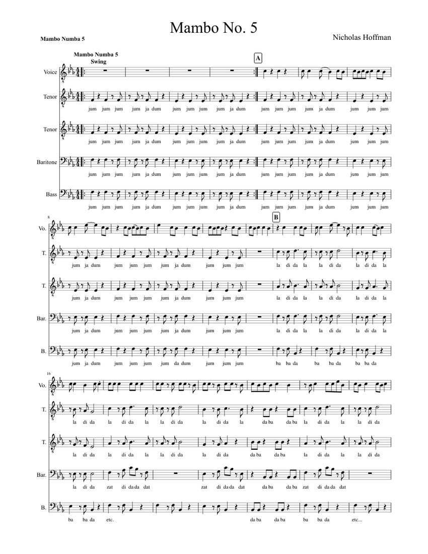 Mambo No 5 Sheet music for Bass guitar, Voice (other) (Mixed Duet ...