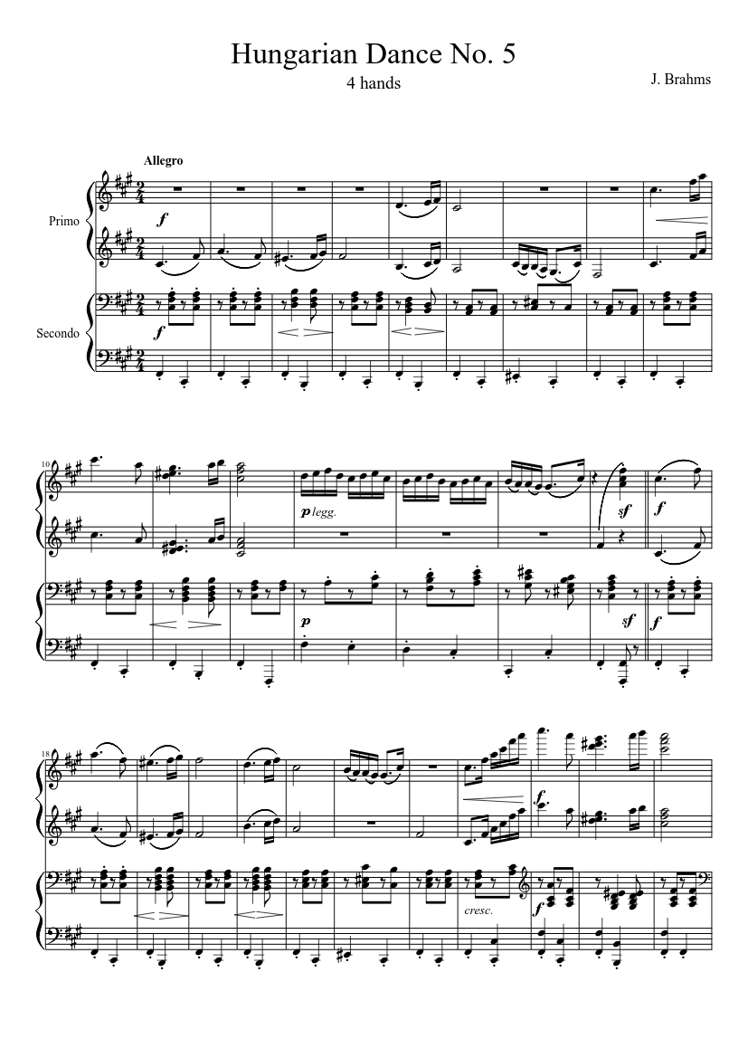 Brahms-Hungarian Dance No. 5 4 hands Sheet music for Piano (Piano Duo) |  Musescore.com