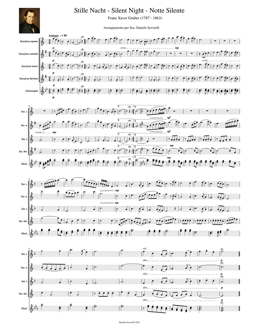Stille nacht - Silent Night - Notte silente - per sax .mscz Sheet music for  Saxophone alto, Saxophone tenor, Saxophone baritone, Glockenspiel & more  instruments (Saxophone Ensemble) | Musescore.com