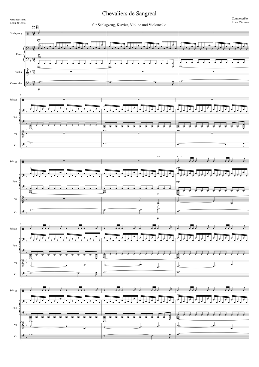 Chevaliers de Sangreal for Piano, Violin, Cello and Drums with Sibelius