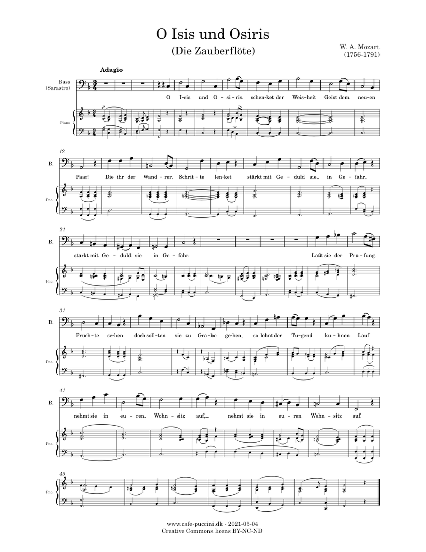 O isis und osiris mozart sheet music for piano bass voice solo