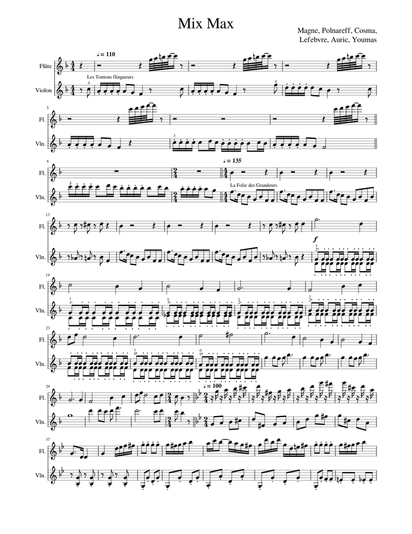 Mix Max - Medley de musiques de films français Sheet music for Flute,  Violin (Mixed Duet) | Musescore.com