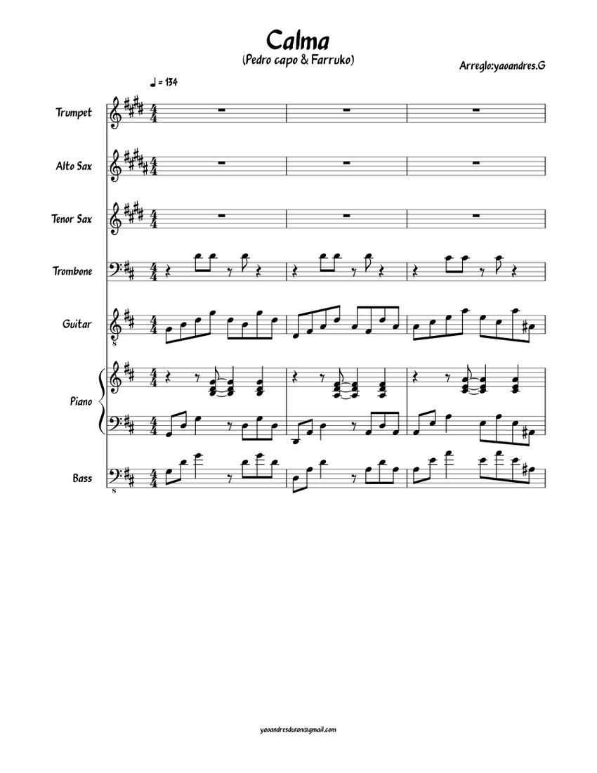 Calma Sheet music for Piano, Trombone, Saxophone alto, Saxophone tenor &  more instruments (Mixed Ensemble) | Musescore.com