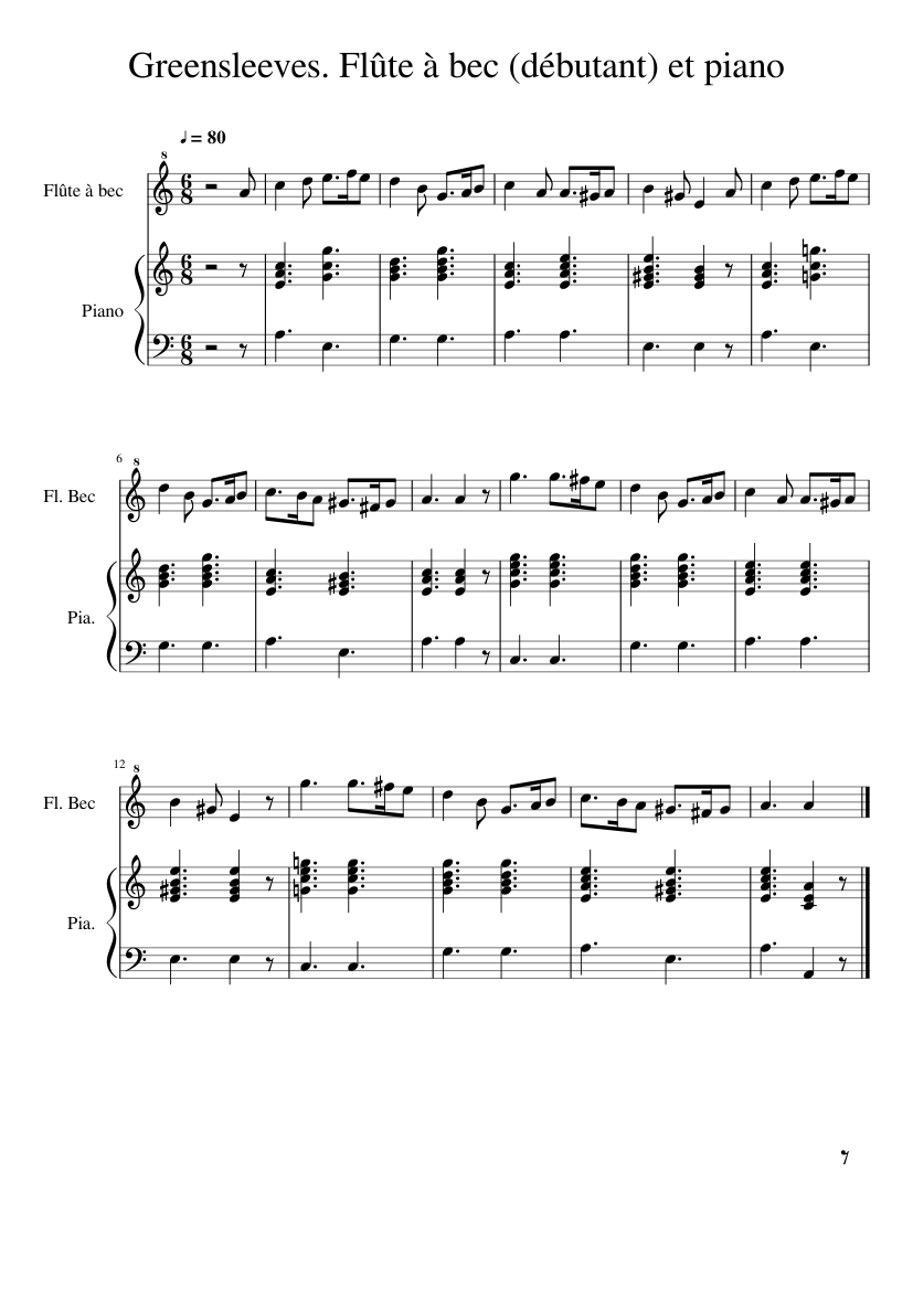 Greensleeves. Flûte à bec (débutant) et piano Sheet music for Piano,  Recorder (Solo) | Musescore.com