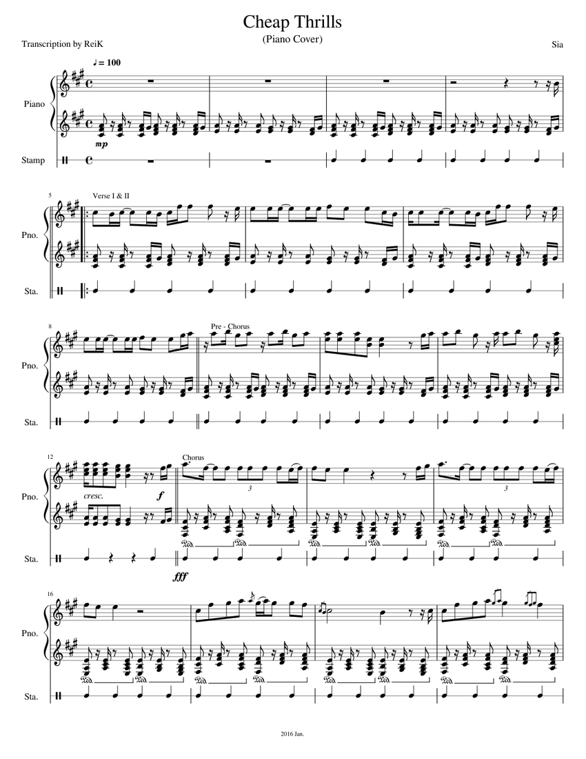 Cheap Thrills - Sia (Piano Cover - ReiK) Sheet music for Piano, Stamp  (Mixed Duet) | Musescore.com