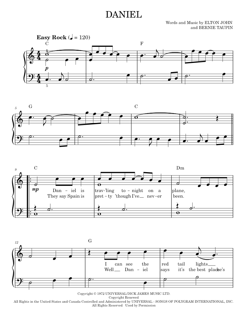 Daniel Tab Play Official version of Daniel sheet music by Elton John for Piano ...