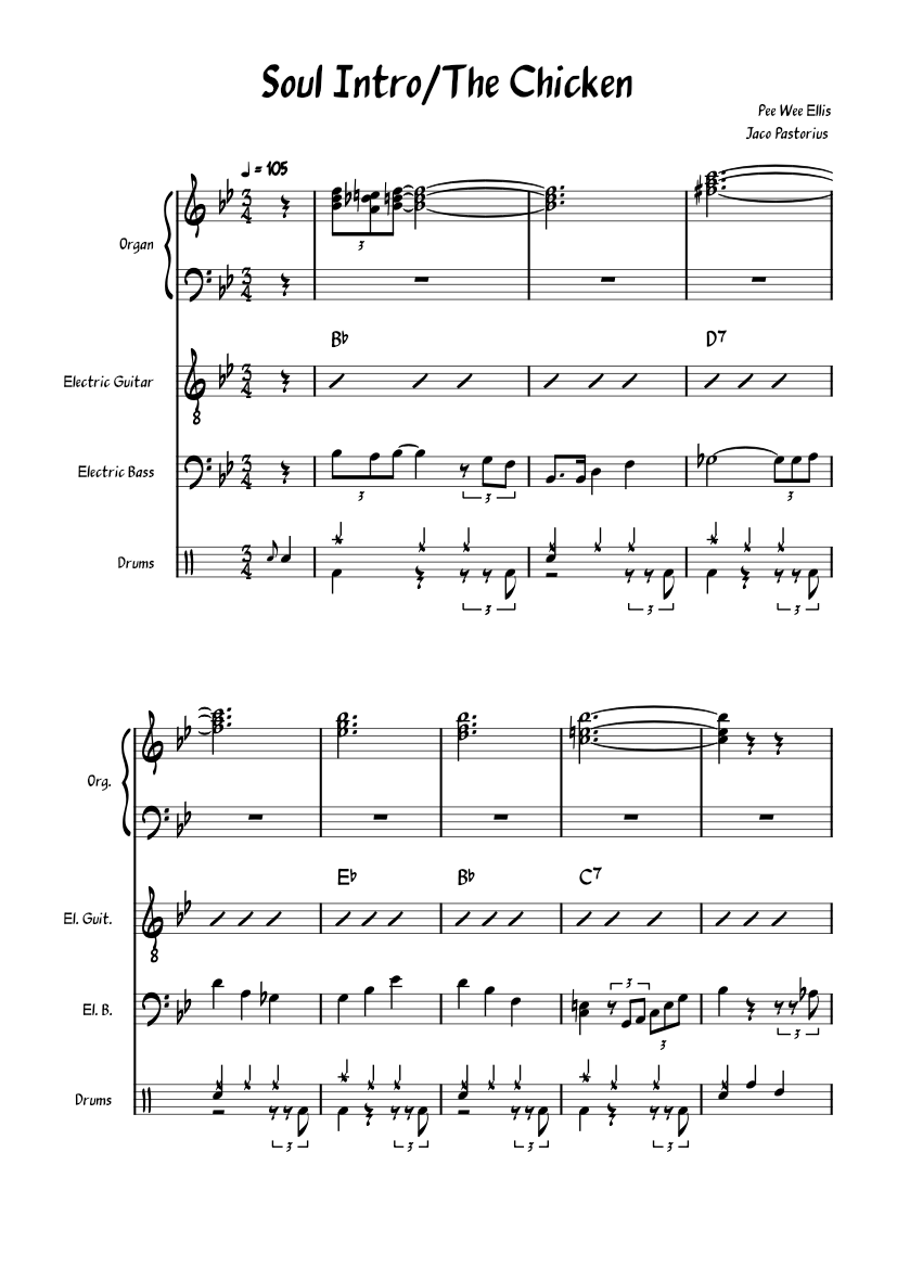 The Chicken Notes The chicken – Jaco Pastorius Soul Intro Sheet Music for Organ, Guitar ...