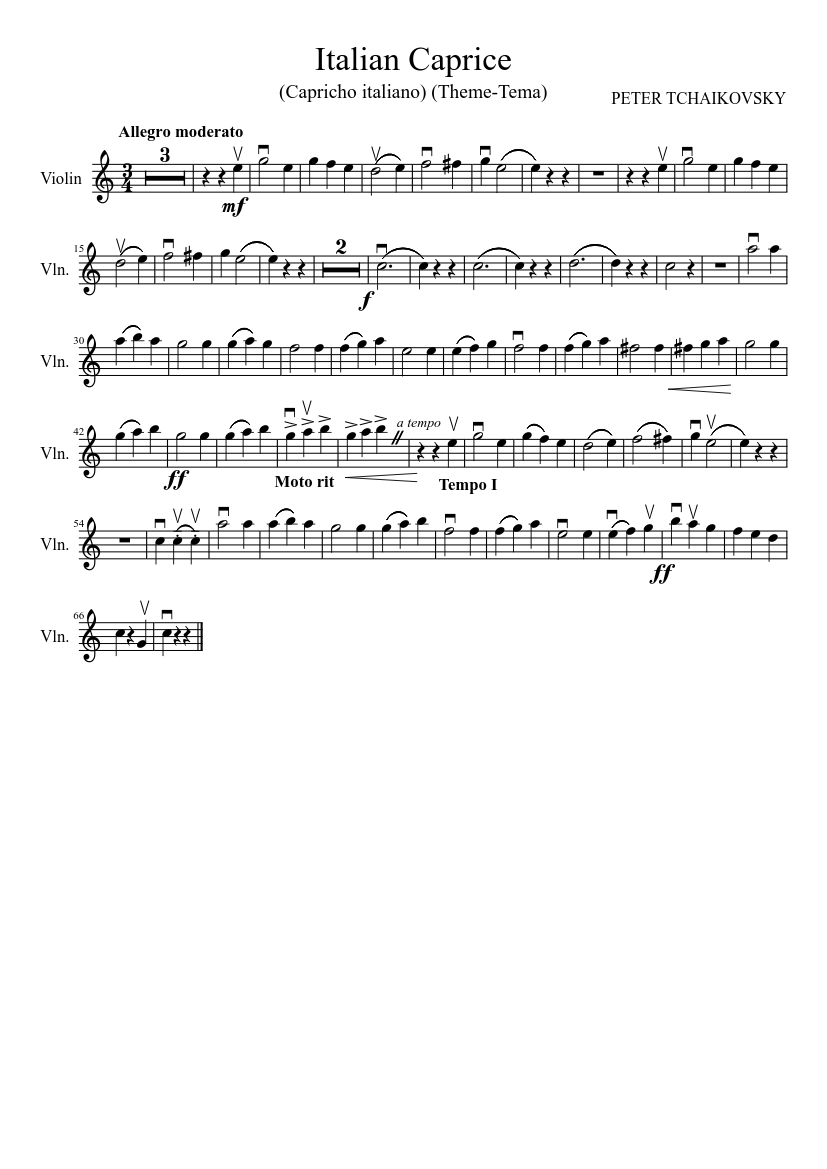 Italian Caprice Peter Tchaikovski Sheet Music for Violin (Solo