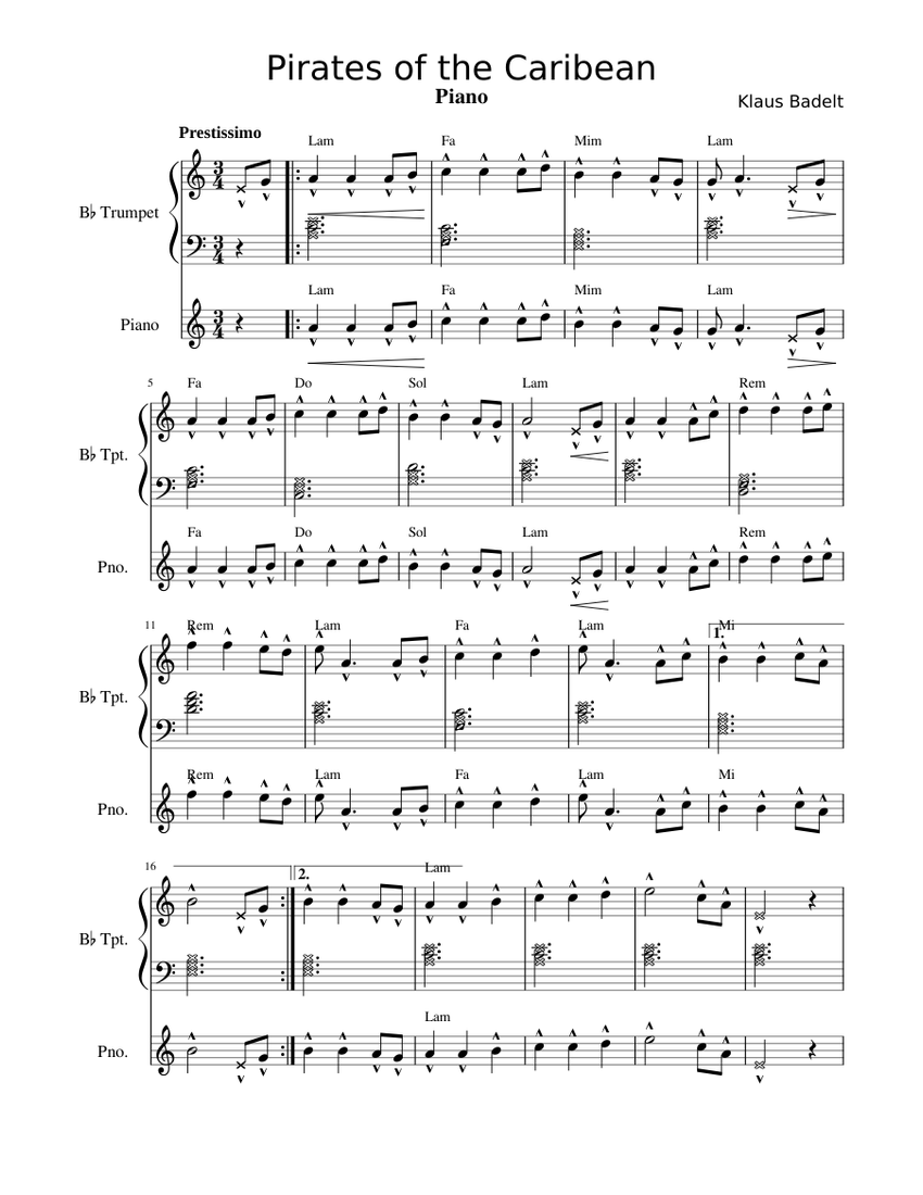 Pirates of the Caribean Sheet music for Piano, Trumpet in b-flat (Solo ...