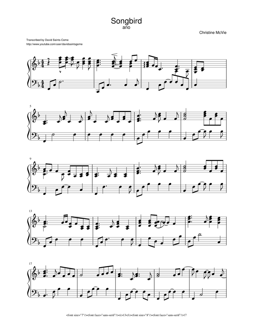 Song Bird Piano Fleetwood Mac Sheet Music For Piano Solo Musescore Com