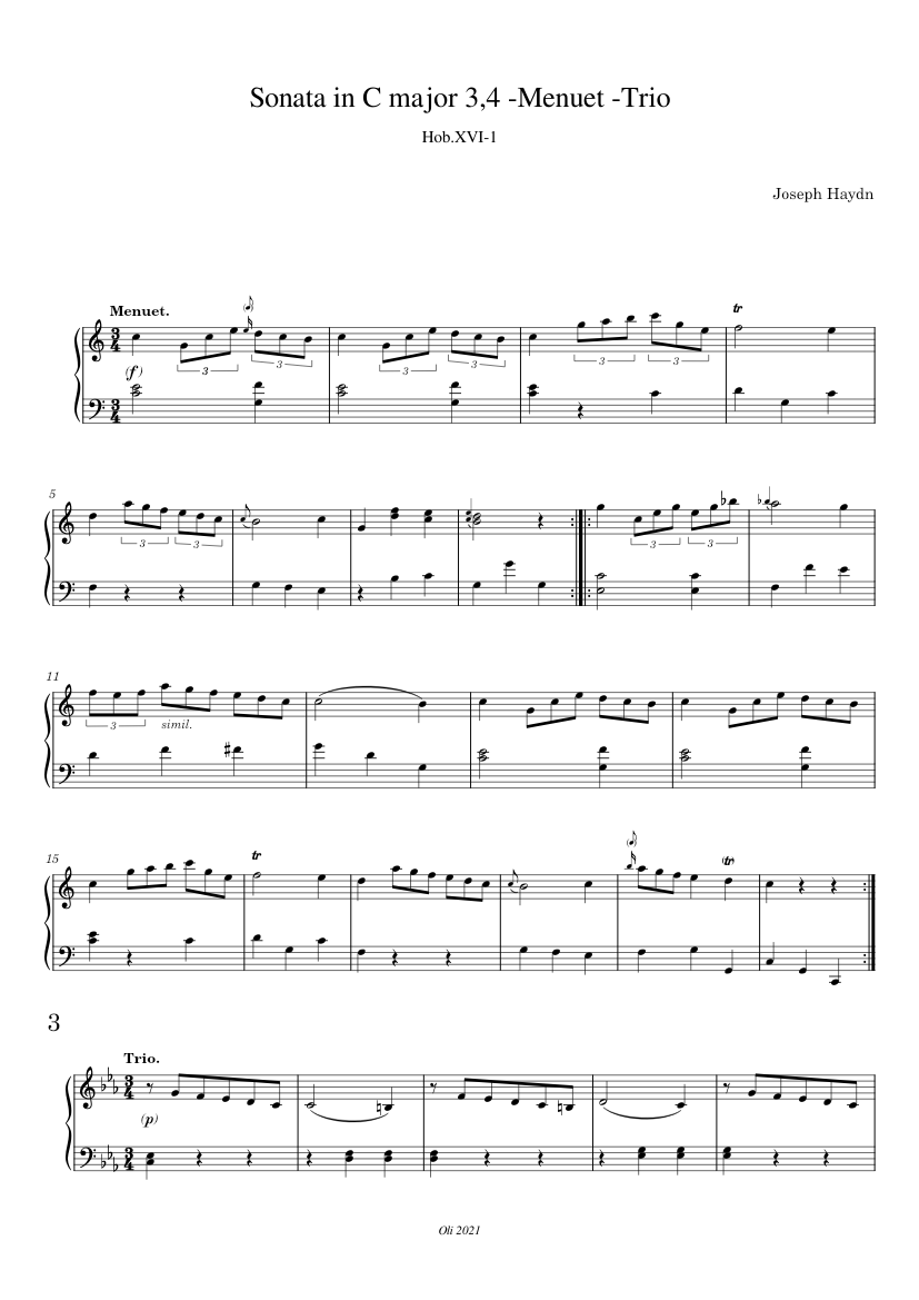 Joseph Haydn - Sonata in C major, Hob.XVI-3,4-Menuet-Trio - piano tutorial