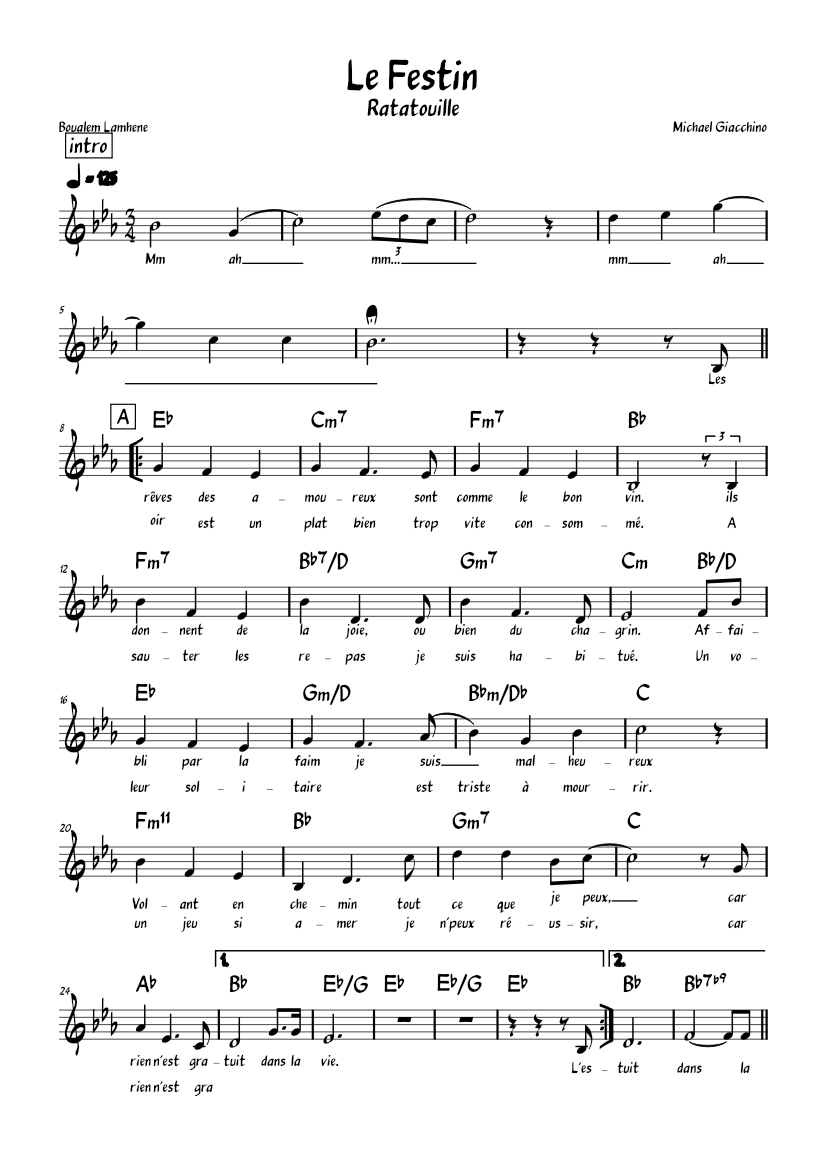 Le Festin (Ratatouille) Lead Sheet (melody, Chords And Lyrics) Sheet ...