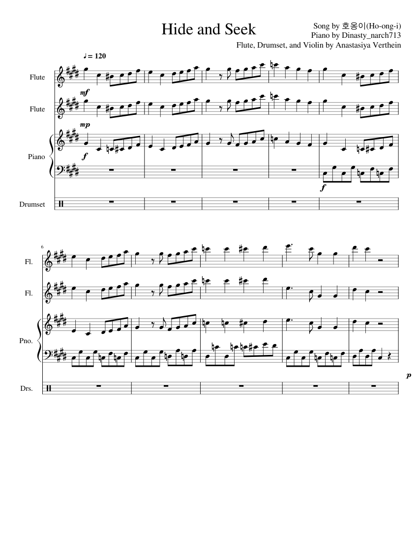Hide and Seek Sheet music for Piano, Flute, Drum group (Mixed Quartet) |  Musescore.com