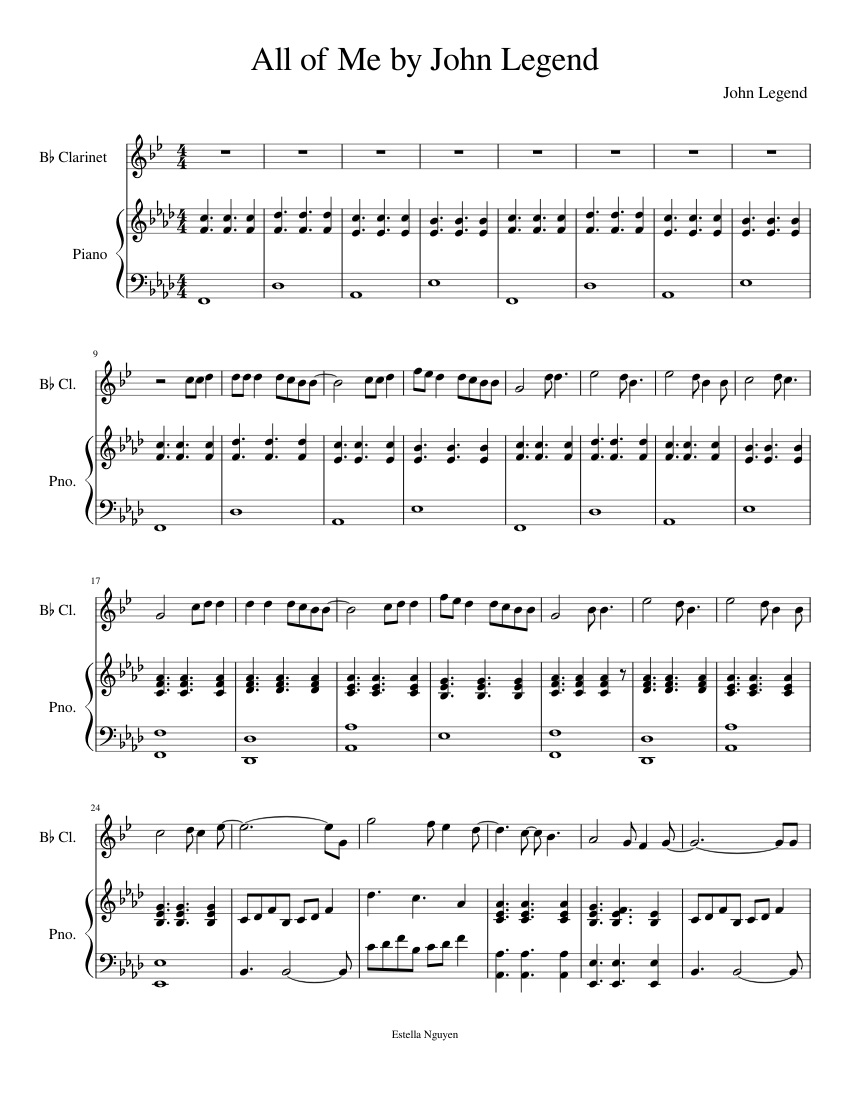 All Of Me By John Legend Sheet Music For Piano Clarinet In B Flat Solo Musescore Com