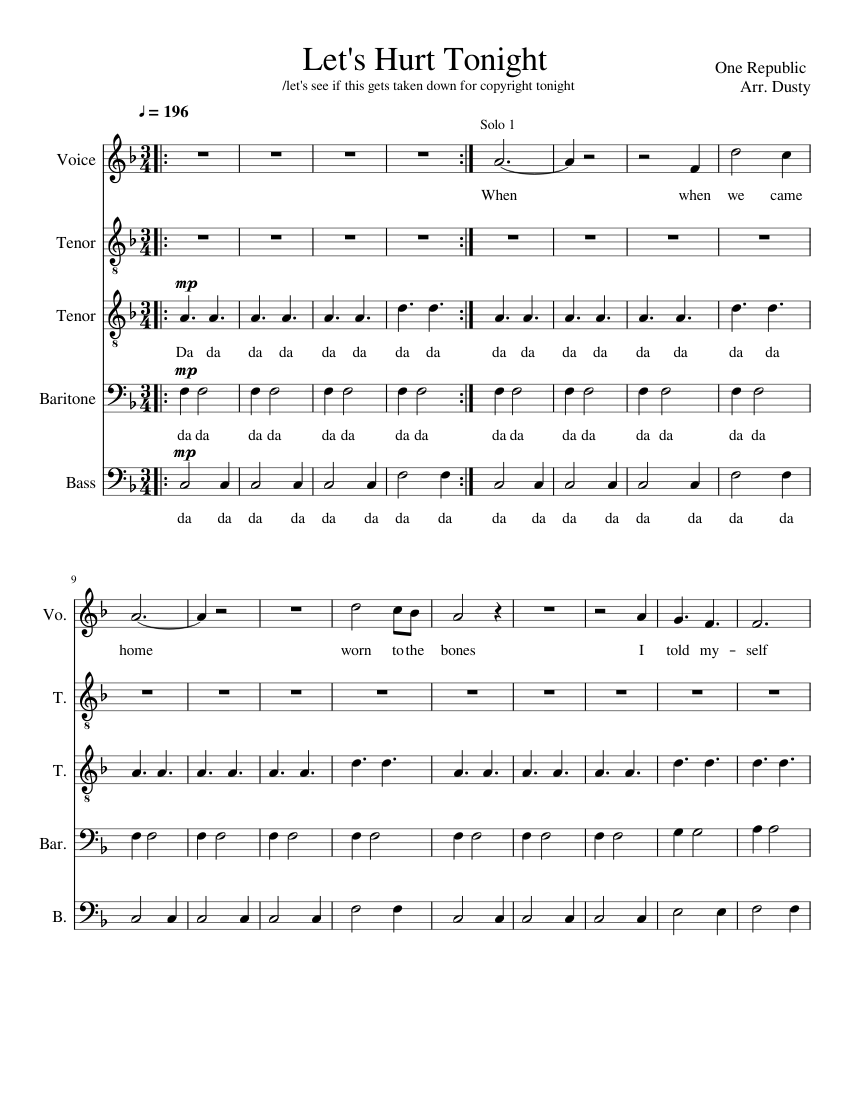 Let's Hurt Tonight-TTBB w/soloists Sheet music for Tenor, Bass voice,  Vocals, Baritone (Choral) | Musescore.com