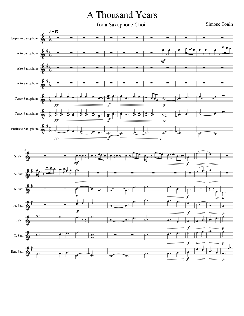 A Thousand Years for a Saxophone Choir Sheet music for Saxophone alto