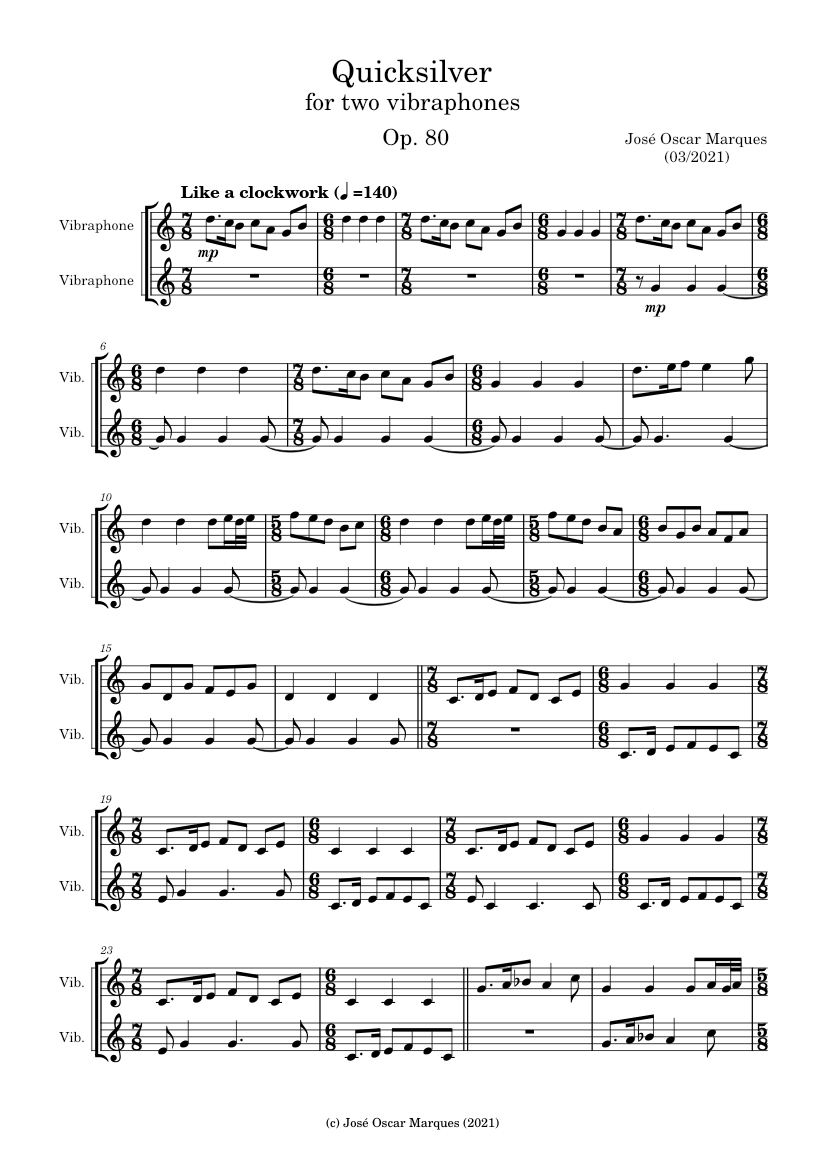 J. O. Marques: Quicksilver, For Two Vibraphones Sheet Music For 