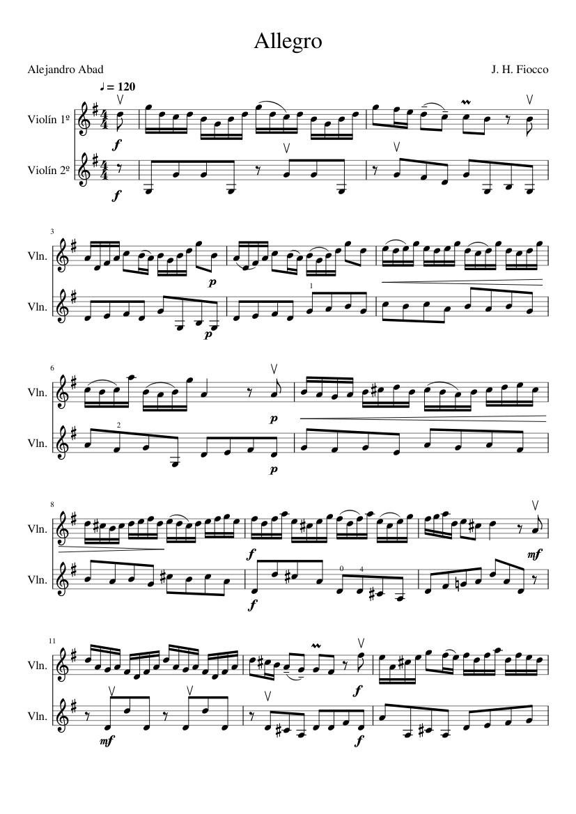 プロフみてぇええ知覚過敏さんAGV T-2 VIOLIN KEY Allegro de J. H. Fiocco Sheet Music for Violin (String Duet
