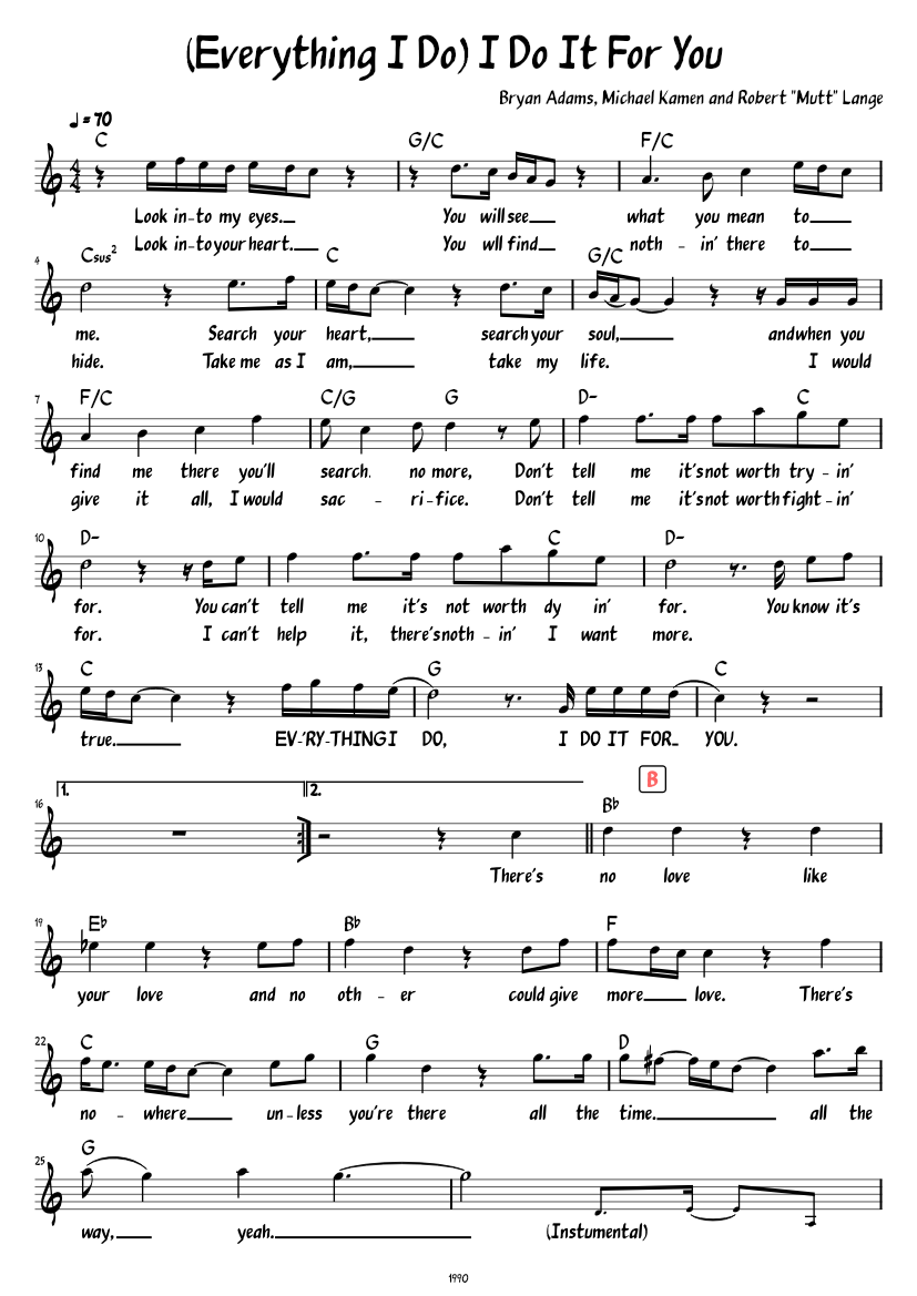 (Everything I Do) I Do It For You (Lead sheet with lyrics ) Sheet Music ...