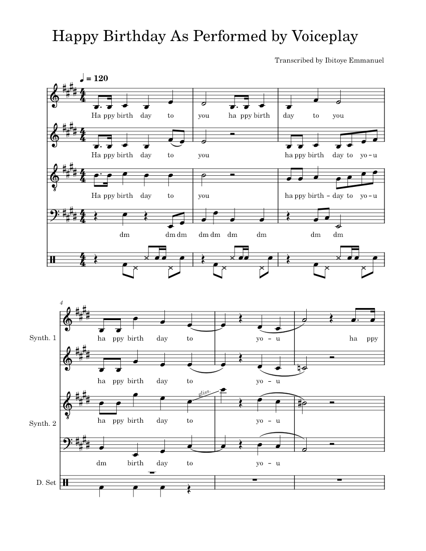 Happy Birthday Voiceplay Sheet music for Bass guitar, Drum group (A