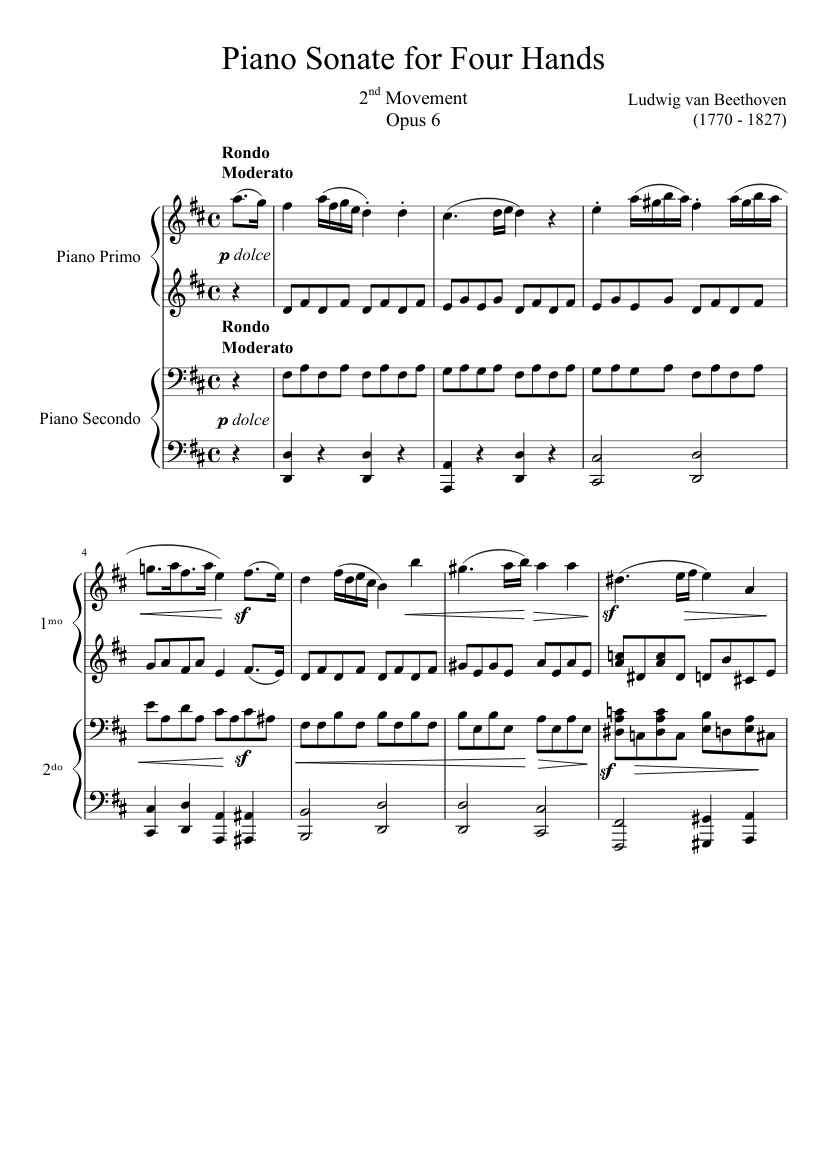 Piano Sonate for Four Hands, 2nd Movement Sheet music for Piano (Piano Duo)  | Musescore.com