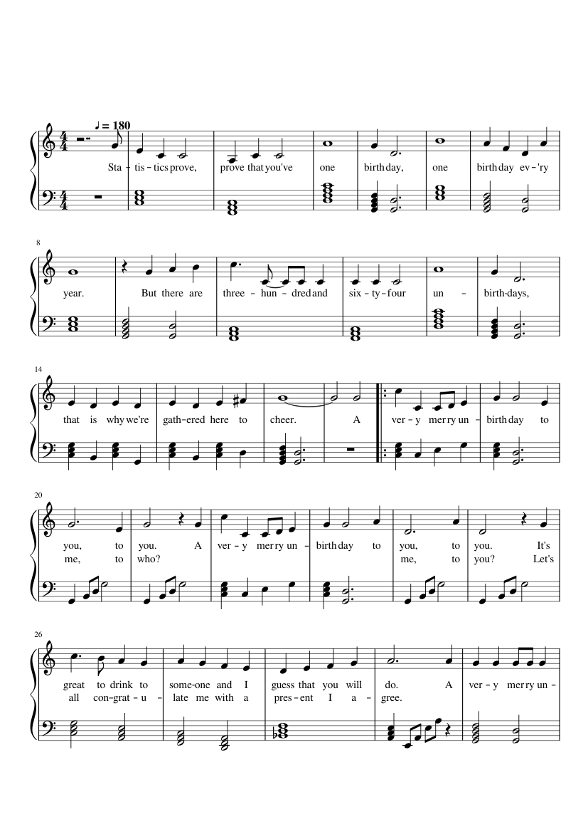 The Unbirthday Song Sheet music for Piano (Solo) | Musescore.com